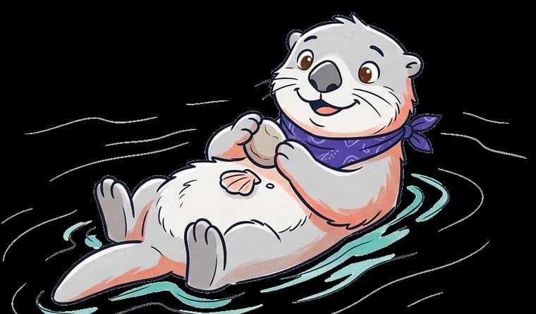 Otto the otter, Dash2Grow's mascot, floating on his back with his pebble